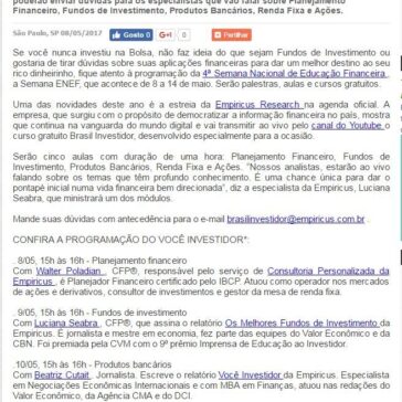 Curso Brasil Investidor estará disponível na 4ª Semana Nacional de Educação Financeira – Empresas S/A